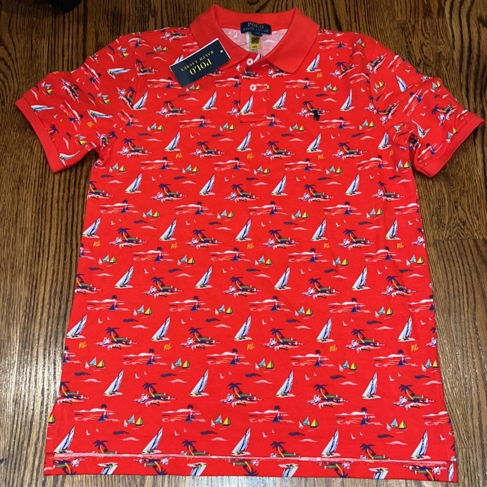 Polo Ralph Lauren Boys Sailboat Cotton Mesh Red Polo Shirt NWT Medium & X-Large - Picture 2 of 7